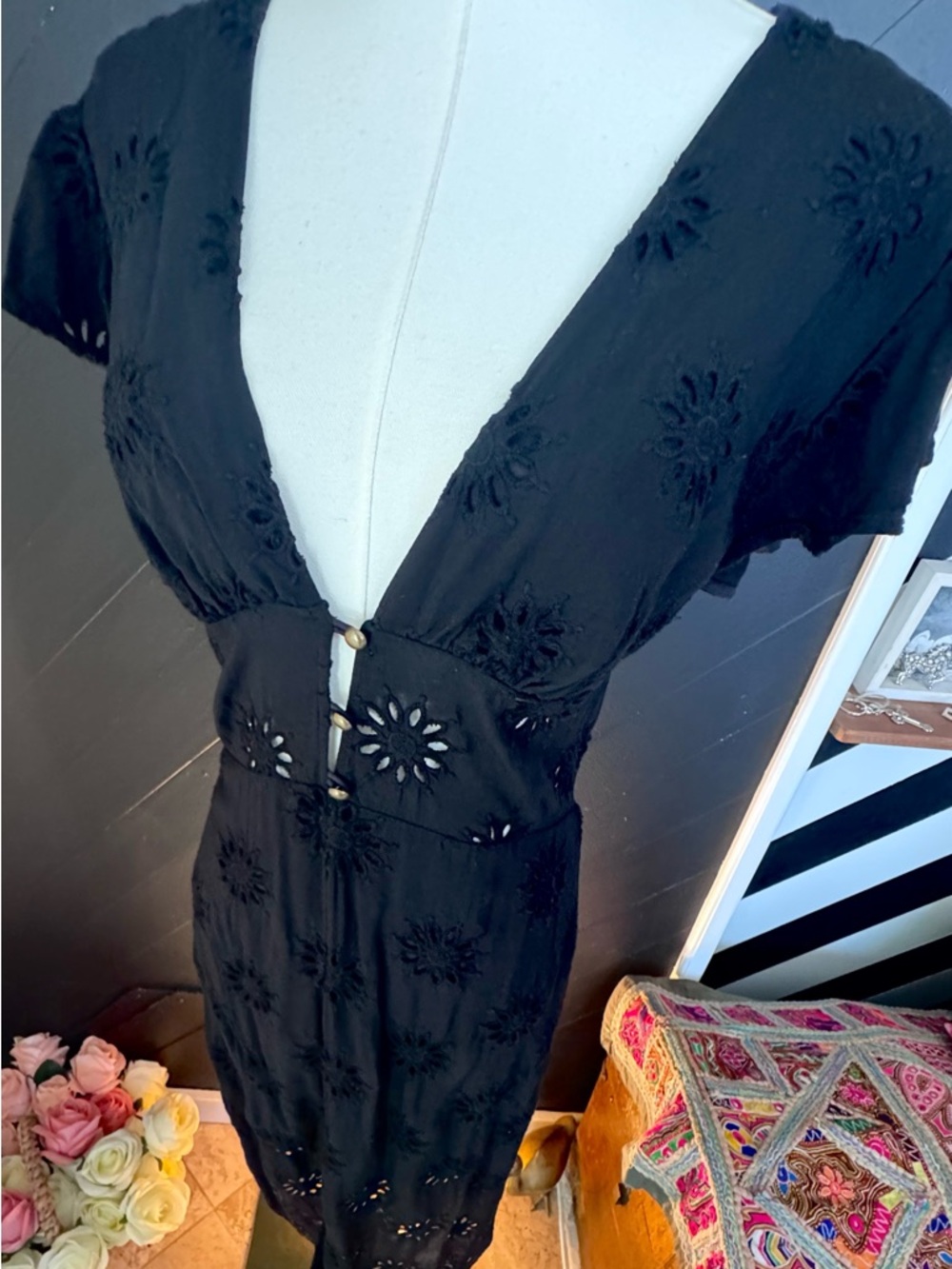 Vix Paula Hermanny Black Romance Broderie Anglaise Eyelet Voile Midi Dress - Picture 6 of 8